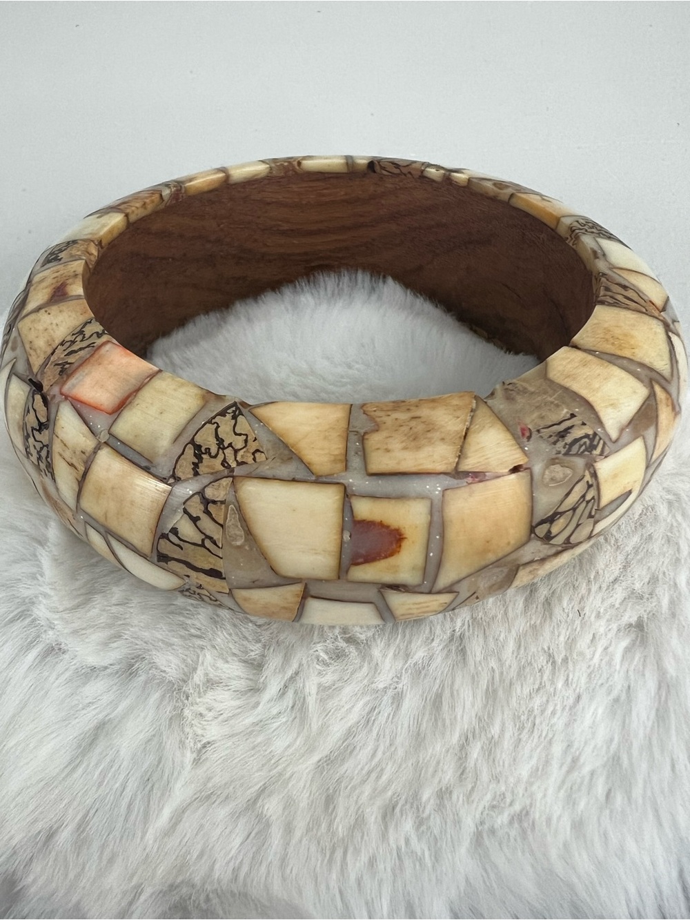 Vintage 70s Chunky Boho Mosaic Bangle Bracelet Wood Bone Shell